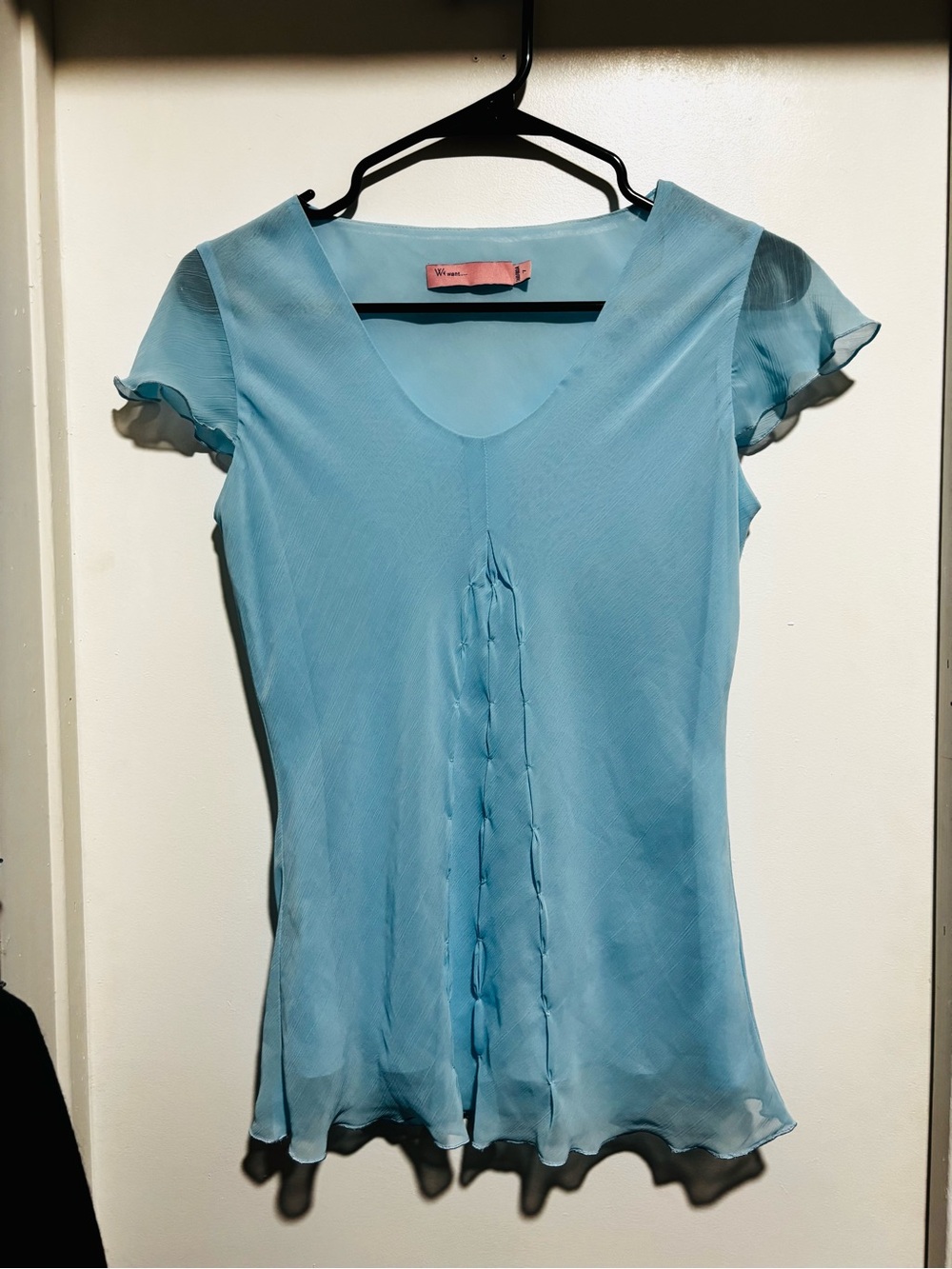 Light Blue Sheer V-Neck Flutter-Sleeve Blouse
